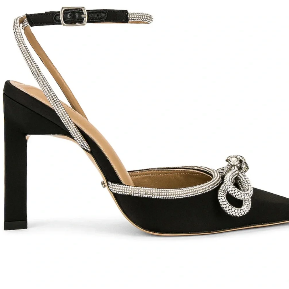 Tony Bianco Size 8 Black Elsie Heel Satin Stiletto Ankle Strap Crystal Bow NEW - Picture 1 of 6